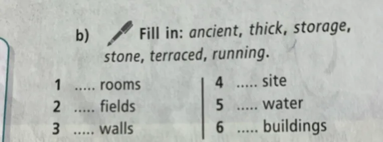Fill in: ancient, thick, storage, stone, terraced, running.