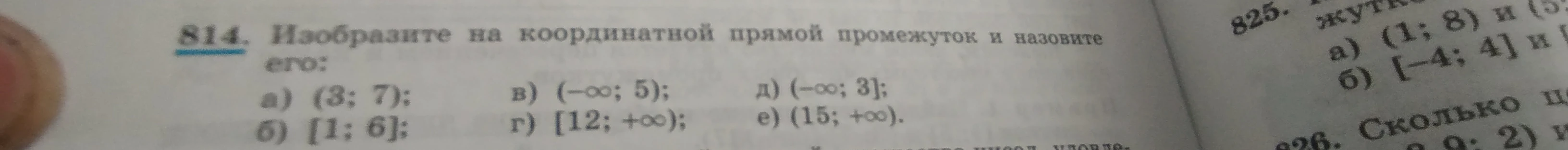 814. Изобразите на координатной прямой промежуток и назовите его: а) (3; 7); б) [1; 6]; в) (-∞; 5); г) [12; +∞); д) (-∞; 3]; е) (15; +∞).