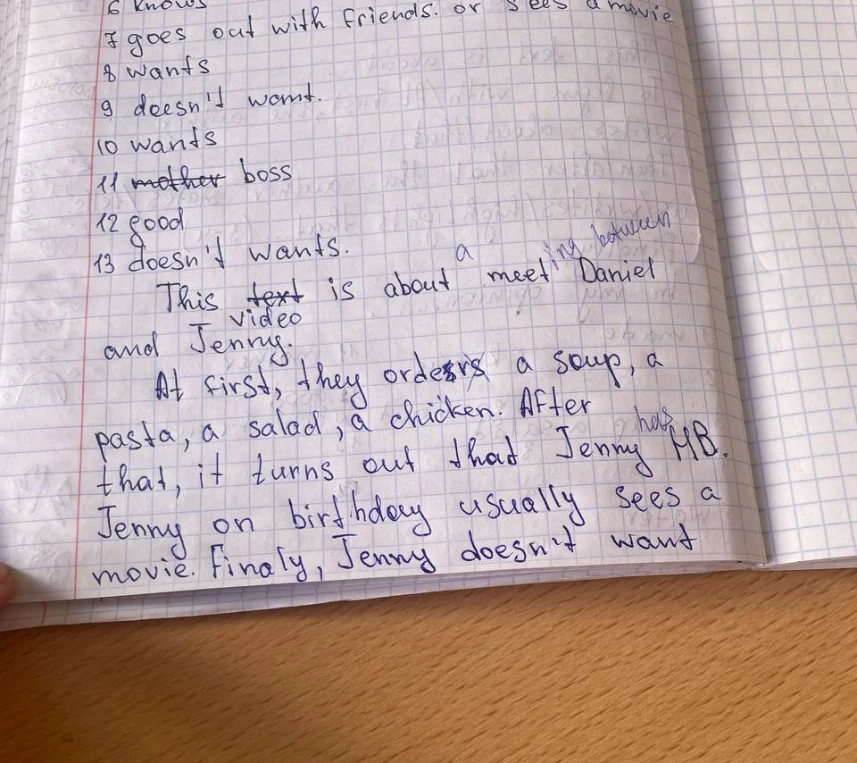 Исправьте ошибки в тексте: This text is about a meeting between Daniel and Jenny. At first, they orders a soup...