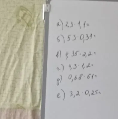 Выполните умножение десятичных дробей: а) 2,3 * 1,1; б) 53 * 0,31; в) 4,35 * 2,2; г) 4,3 * 1,2; д) 0,68 * 61; е) 3,2 * 0,25.