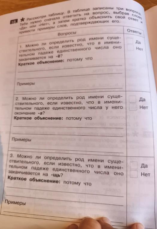 Рассмотри таблицу. В таблице записаны три вопроса. Тебе нужно сначала ответить на вопрос, выбрав слово «Да» или «Нет», а затем кратко объяснить свой ответ и привести примеры слов, подтверждающих его.