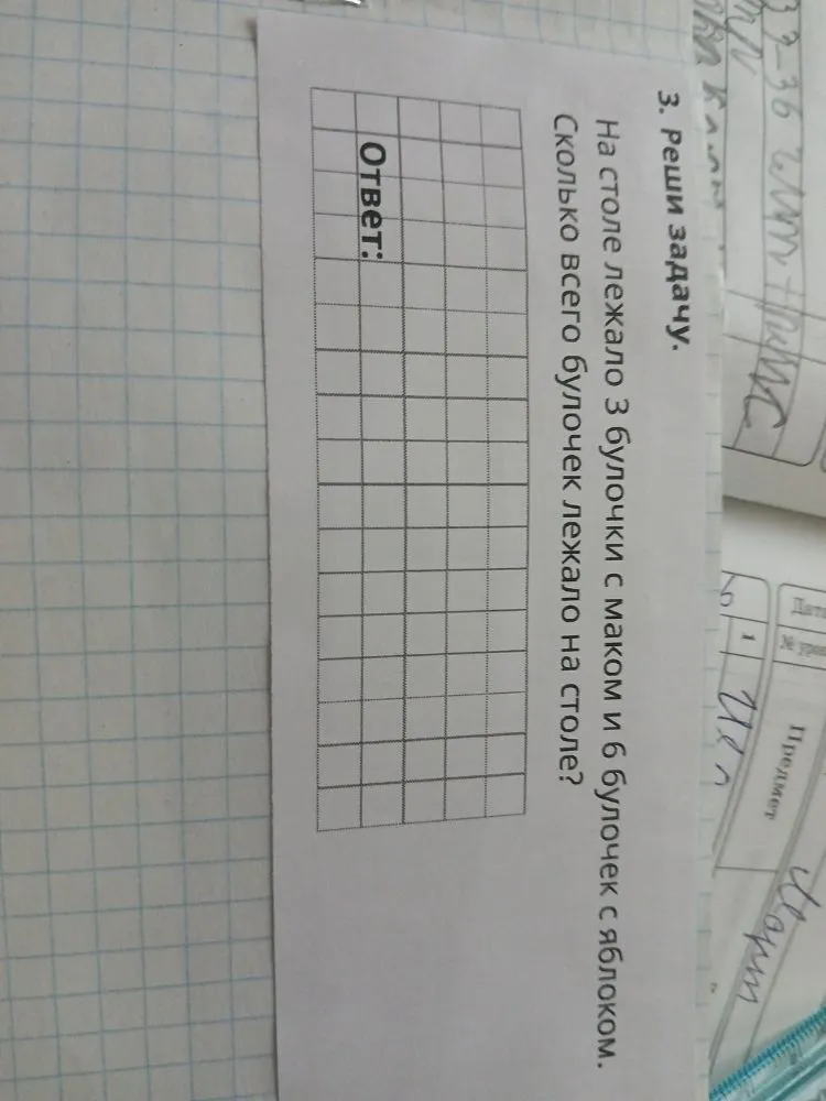 На столе лежало 3 булочки с маком и 6 булочек с яблоком. Сколько всего булочек лежало на столе?