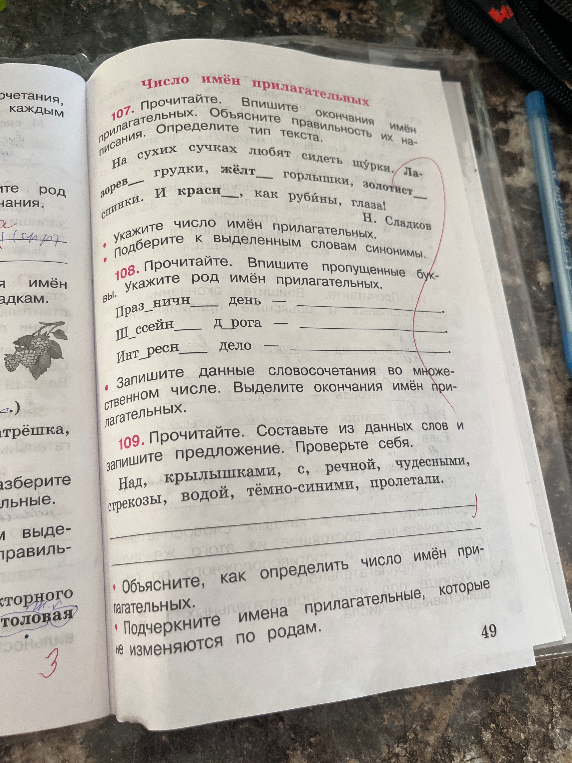 107. Прочитайте. Впишите окончания имён прилагательных. Объясните правильность их написания. Определите тип текста.
