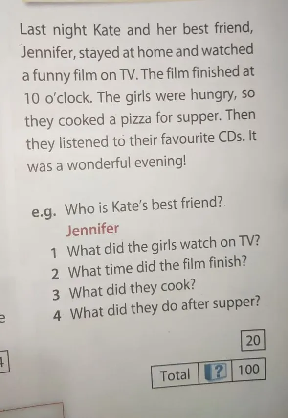 What did the girls watch on TV? What time did the film finish? What did they cook? What did they do after supper?