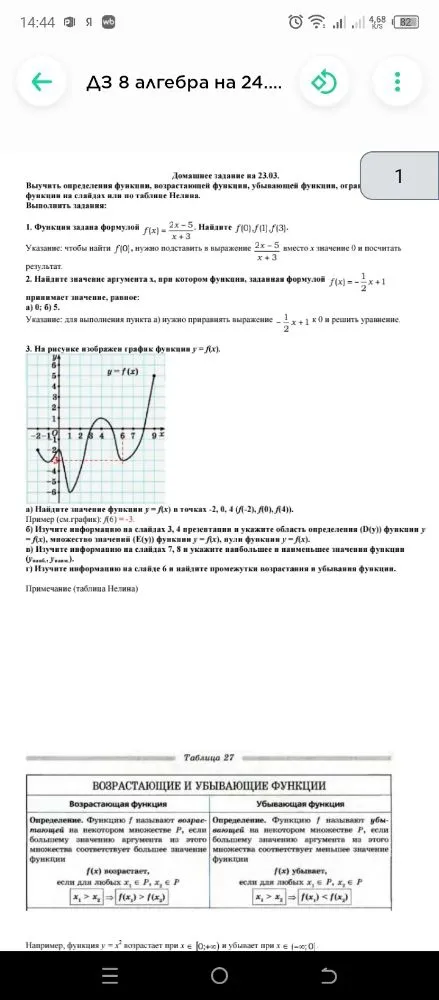 1. Функция задана формулой f(x) = (2x - 5)/(x + 3). Найдите f(0), f(1), f(3). 2. Найдите значение аргумента x, при котором функция, заданная формулой f(x) = -1/2x + 1 принимает значение: а) 0; б) 5. 3. На рисунке изображен график функции y = f(x). а) Найдите значение функции в точках -2, 0, 4. б) Укажите область определения, множество значений, нули функции. в) Укажите наибольшее и наименьшее значения. г) Найдите промежутки возрастания и убывания.