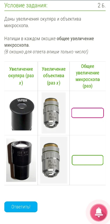 Даны увеличения окуляра и объектива микроскопа. Напиши в каждом окошке общее увеличение микроскопа.
