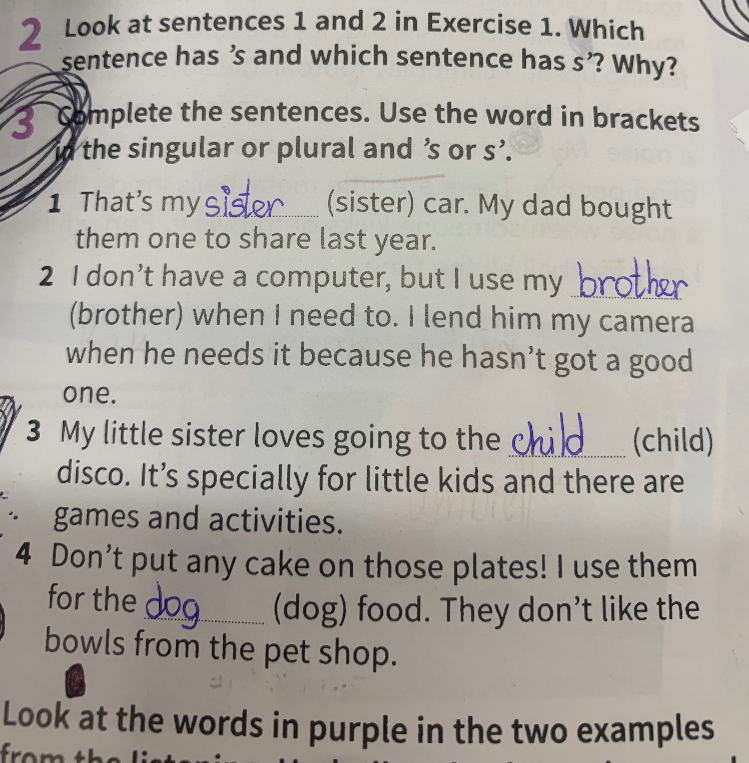 Complete the sentences. Use the word in brackets in the singular or plural and 's or s'.