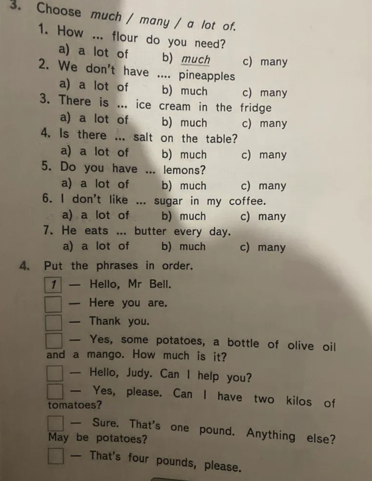 Choose much / many / a lot of. Put the phrases in order.