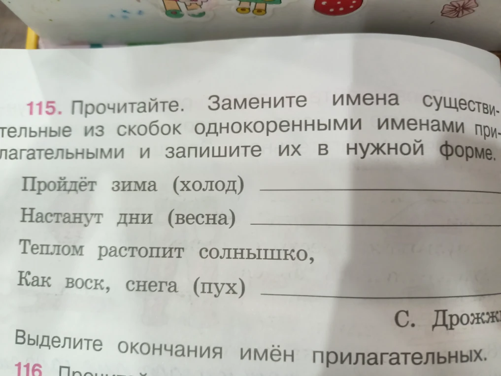 Замените имена существительные из скобок однокоренными именами прилагательными и запишите их в нужной форме.