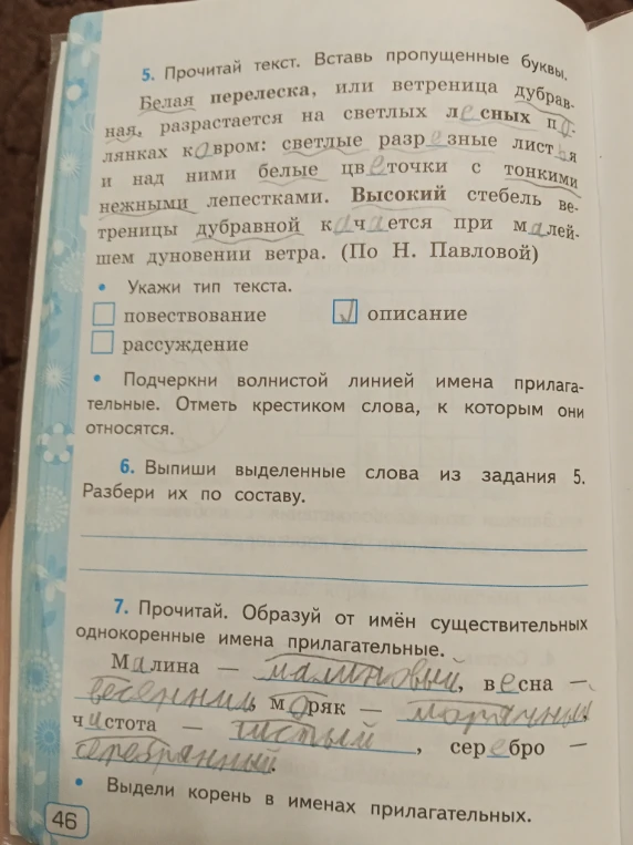 5. Прочитай текст. Вставь пропущенные буквы. 6. Выпиши выделенные слова из задания 5. Разбери их по составу. 7. Прочитай. Образуй от имён существительных однокоренные имена прилагательные.
