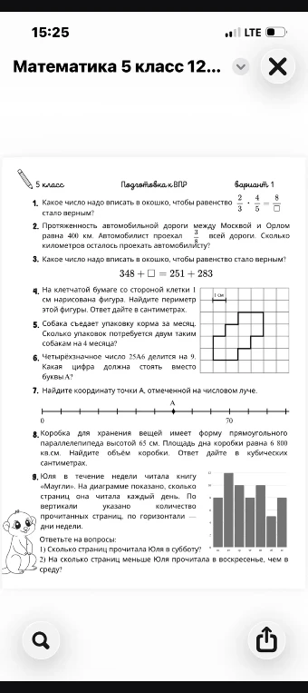 Математика 5 класс. Вариант 1. Решите задания с 1 по 9, включая задачи на дроби, вычисления, периметр и работу с диаграммами.