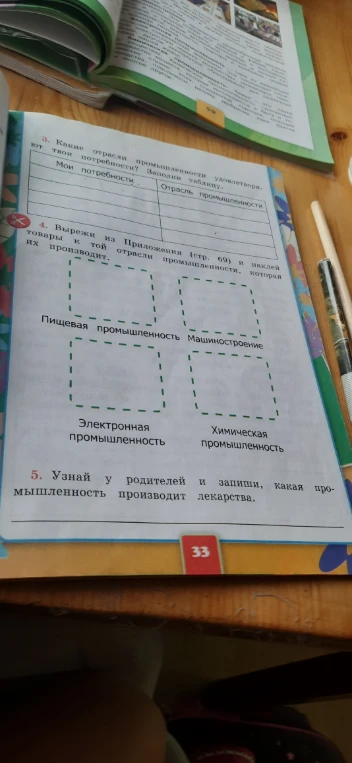 3. Какие отрасли промышленности удовлетворяют твои потребности? Заполни таблицу. 4. Вырежи из Приложения (стр. 69) и наклей товары к той отрасли промышленности, которая их производит. 5. Узнай у родителей и запиши, какая промышленность производит лекарства.