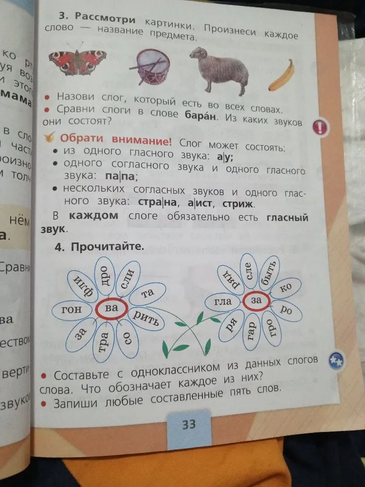 3. Рассмотри картинки. Произнеси каждое слово — название предмета. 4. Прочитайте. Составьте с одноклассником из данных слогов слова. Что обозначает каждое из них?