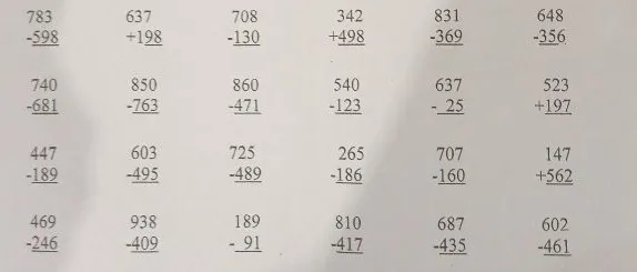 Выполните вычисления в столбик: 783-598, 637+198, 708-130, 342+498 и другие.