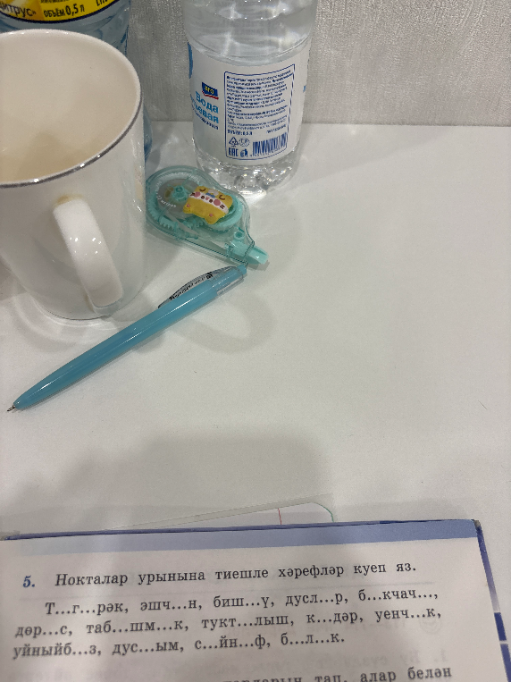Нокталар урынына тиешле хәрефләр куеп яз. Т...г...рәк, эшч...н, биш...ү, дусл...р, б...кчач..., дәр...с, таб...шм...к, тукт...лыш, к...дәр, уенч...к, уйныйб...з, дус...ым, с...йн...ф, б...л...к.