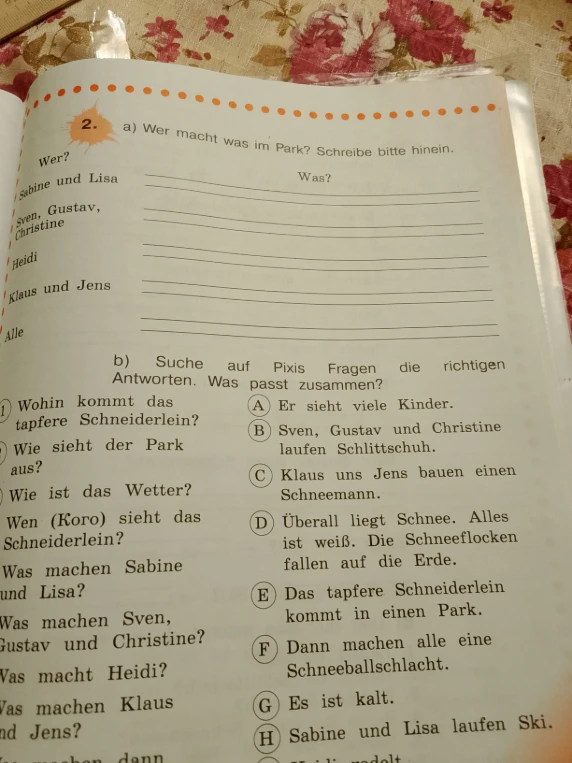 a) Wer macht was im Park? Schreibe bitte hinein. b) Suche auf Pixis Fragen die richtigen Antworten. Was passt zusammen?