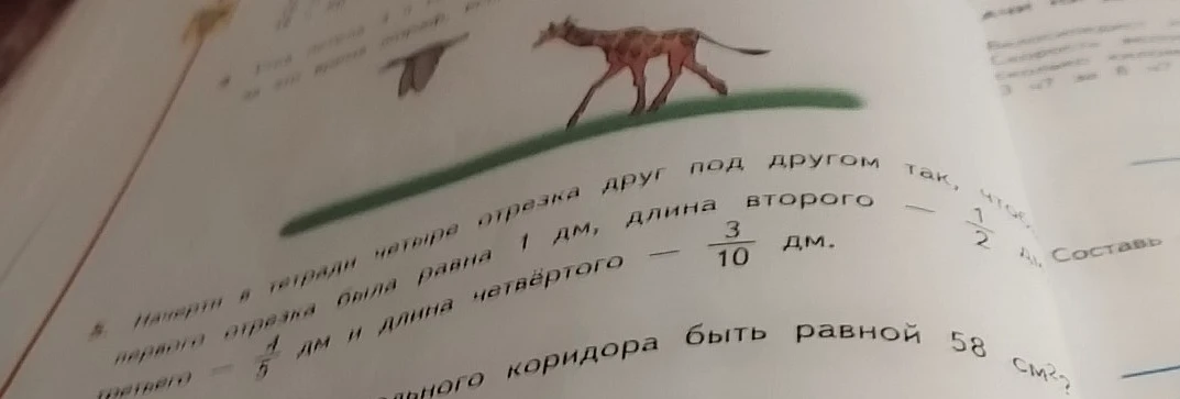 Начерти в тетради четыре отрезка друг под другом так, чтобы длина первого отрезка была равна 1 дм, длина второго — 1/2 дм, третьего — 4/5 дм и длина четвёртого — 3/10 дм.