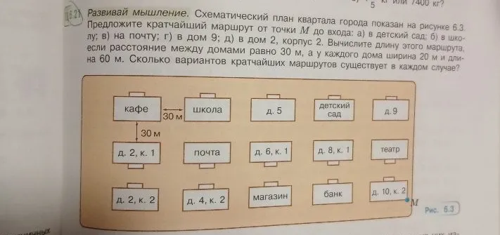 Предложите кратчайший маршрут от точки M до входа: а) в детский сад; б) в школу; в) на почту; г) в дом 9; д) в дом 2, корпус 2. Вычислите длину этого маршрута...