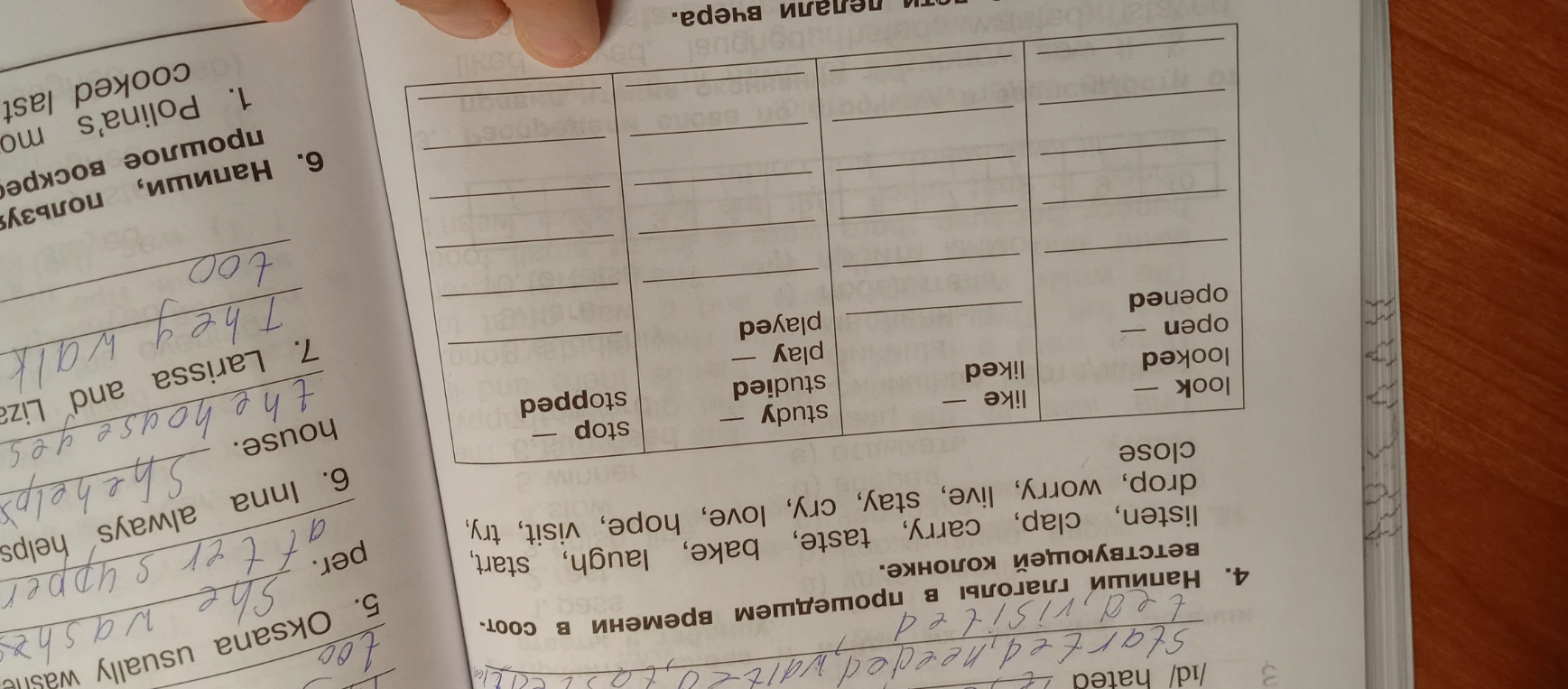 Напиши глаголы в прошедшем времени в соответствующей колонке: listen, clap, carry, taste, bake, laugh, start, drop, worry, live, stay, cry, love, hope, visit, try, close