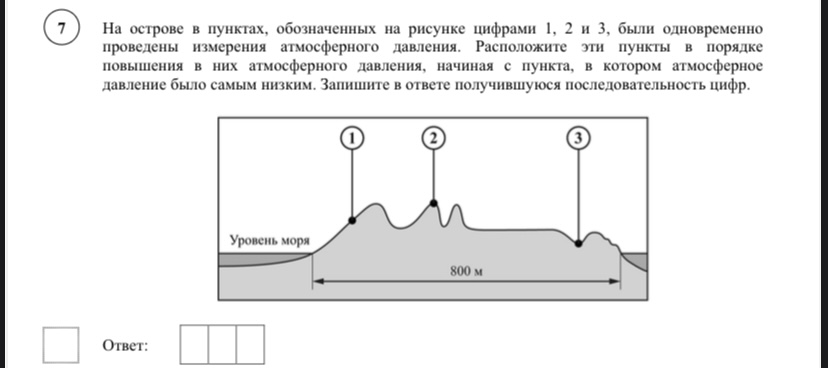 На острове в пунктах, обозначенных на рисунке цифрами 1, 2 и 3, были одновременно проведены измерения атмосферного давления. Расположите эти пункты в порядке повышения в них атмосферного давления.