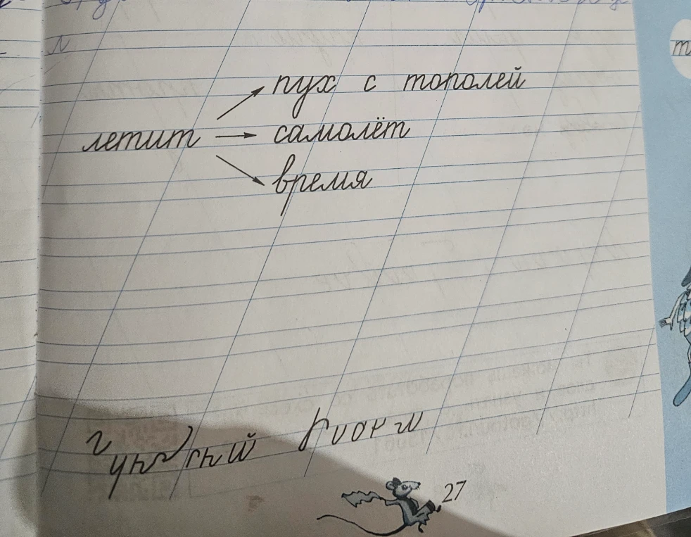 Объясните значения словосочетаний со словом летит: пух с тополей, самолёт, время.