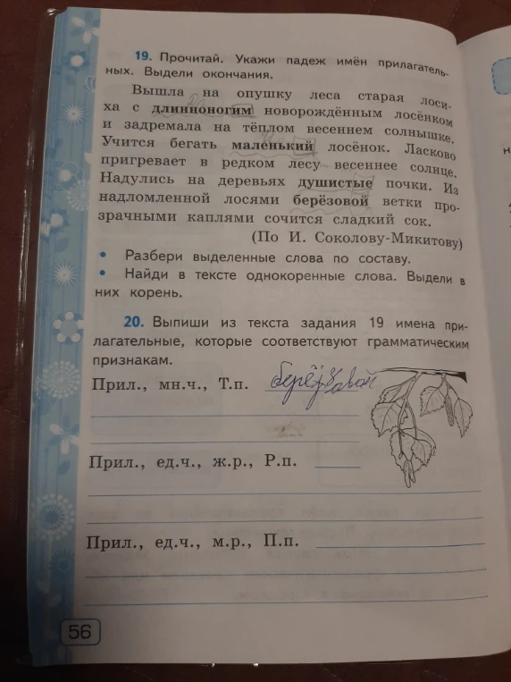 Прочитай. Укажи падеж имён прилагательных. Выдели окончания.