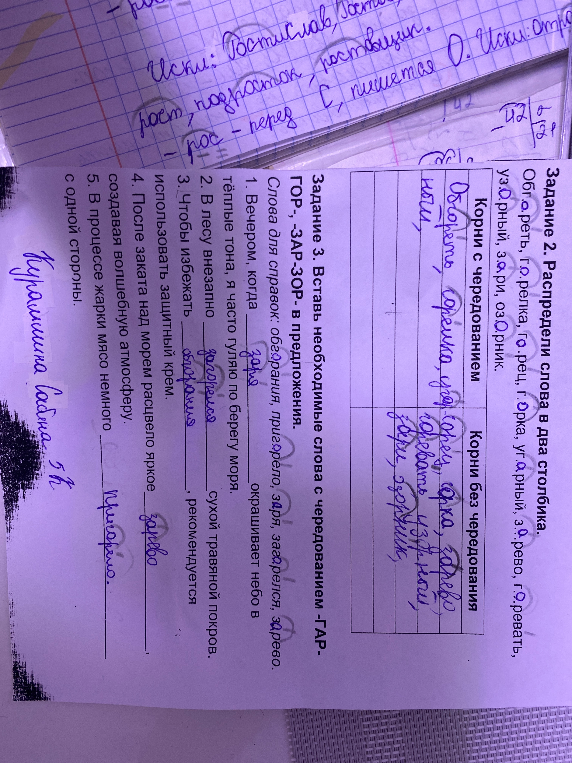 Задание 2. Распредели слова в два столбика. Задание 3. Вставь необходимые слова с чередованием -ГАР-, -ГОР-, -ЗАР-, -ЗОР- в предложения.