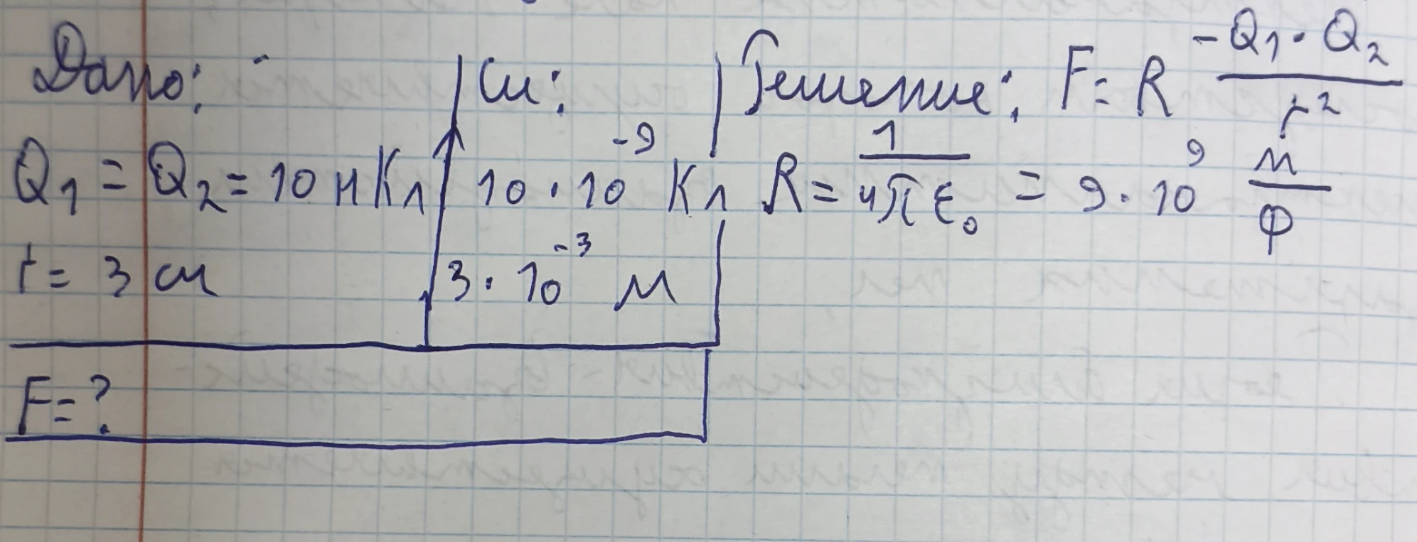 Дано: Q1=Q2=10 нКл, r=3 см. Найти: F
