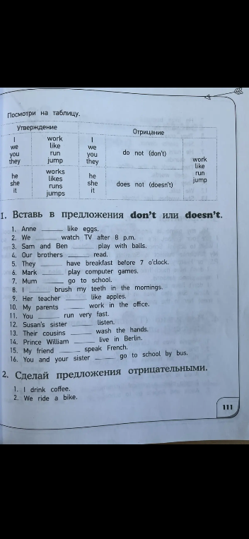 1. Вставь в предложения don't или doesn't. 2. Сделай предложения отрицательными.