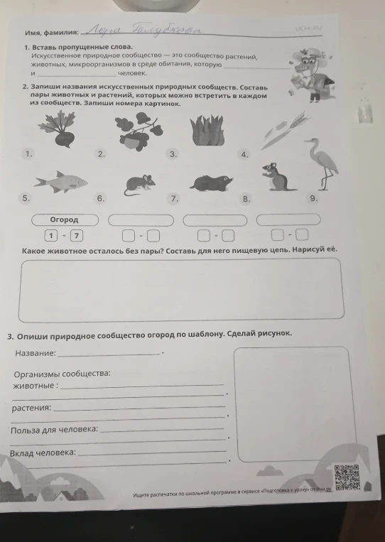 1. Вставь пропущенные слова. Искусственное природное сообщество — это сообщество растений, животных, микроорганизмов в среде обитания, которую ___ и ___ человек. 2. Запиши названия искусственных природных сообществ. Составь пары животных и растений, которых можно встретить в каждом из сообществ.