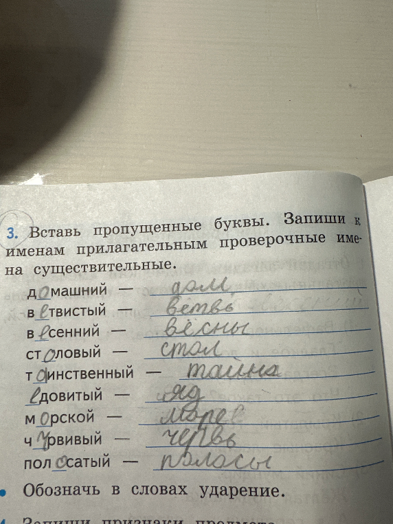 Вставь пропущенные буквы. Запиши к именам прилагательным проверочные имена существительные.