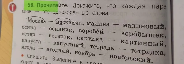 58. Прочитайте. Докажите, что каждая пара слов — это однокоренные слова.