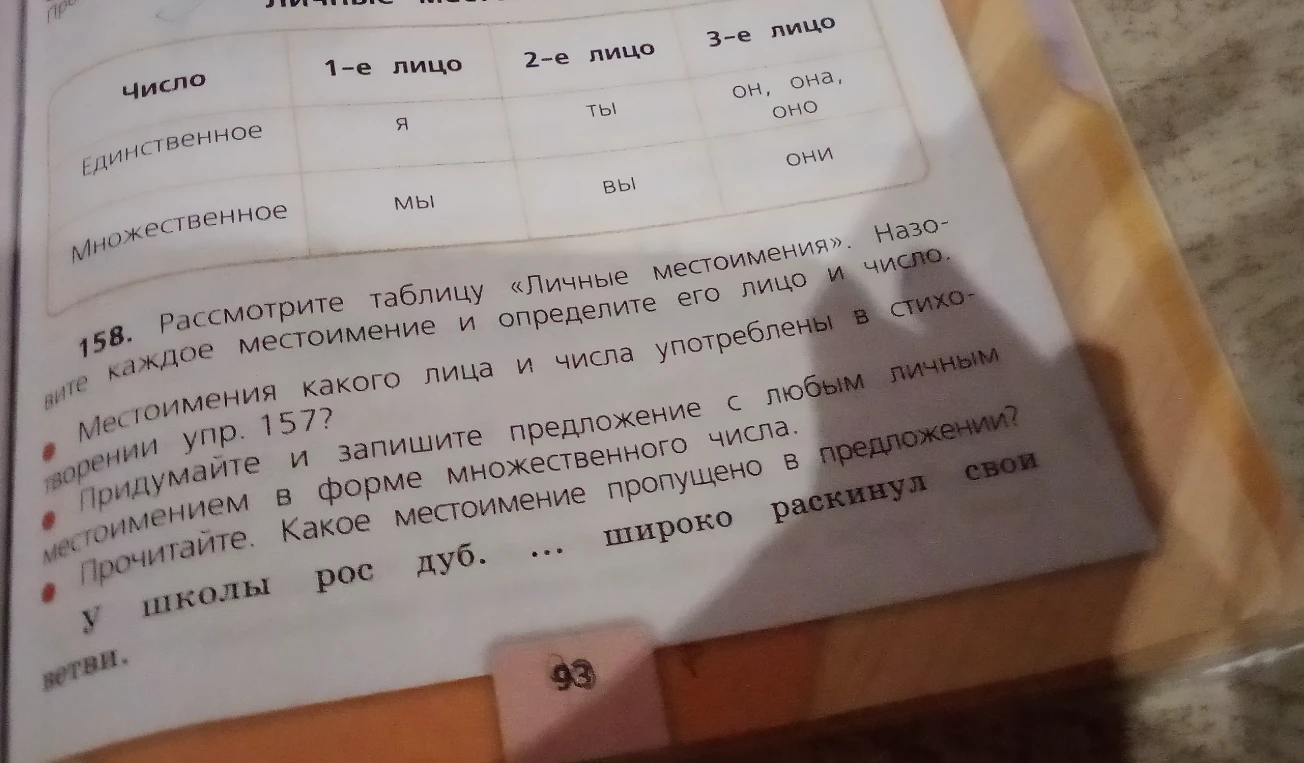 158. Рассмотрите таблицу «Личные местоимения». Назовите каждое местоимение и определите его лицо и число. Местоимения какого лица и числа употреблены в стихотворении упр. 157? Придумайте и запишите предложение с любым личным местоимением в форме множественного числа. Прочитайте. Какое местоимение пропущено в предложении? У школы рос дуб. ... широко раскинул свои ветви.