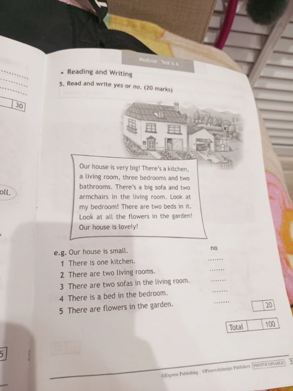 Read and write yes or no. 1 There is one kitchen. 2 There are two living rooms. 3 There are two sofas in the living room. 4 There is a bed in the bedroom. 5 There are flowers in the garden.