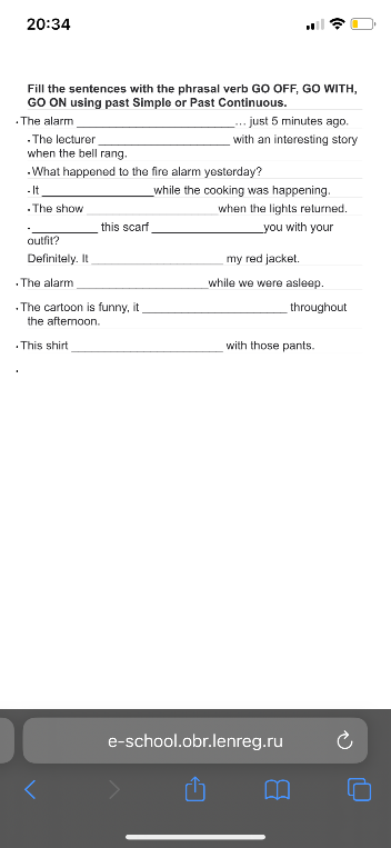 Fill the sentences with the phrasal verb GO OFF, GO WITH, GO ON using past Simple or Past Continuous.