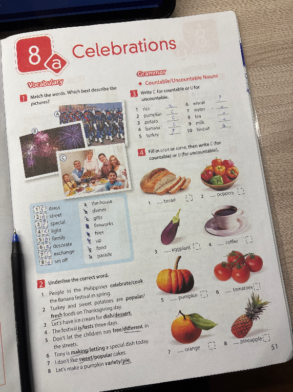 Выполните задания 1-4 на странице 51 по теме 'Celebrations' (праздники) и 'Countable/Uncountable Nouns' (исчисляемые и неисчисляемые существительные).