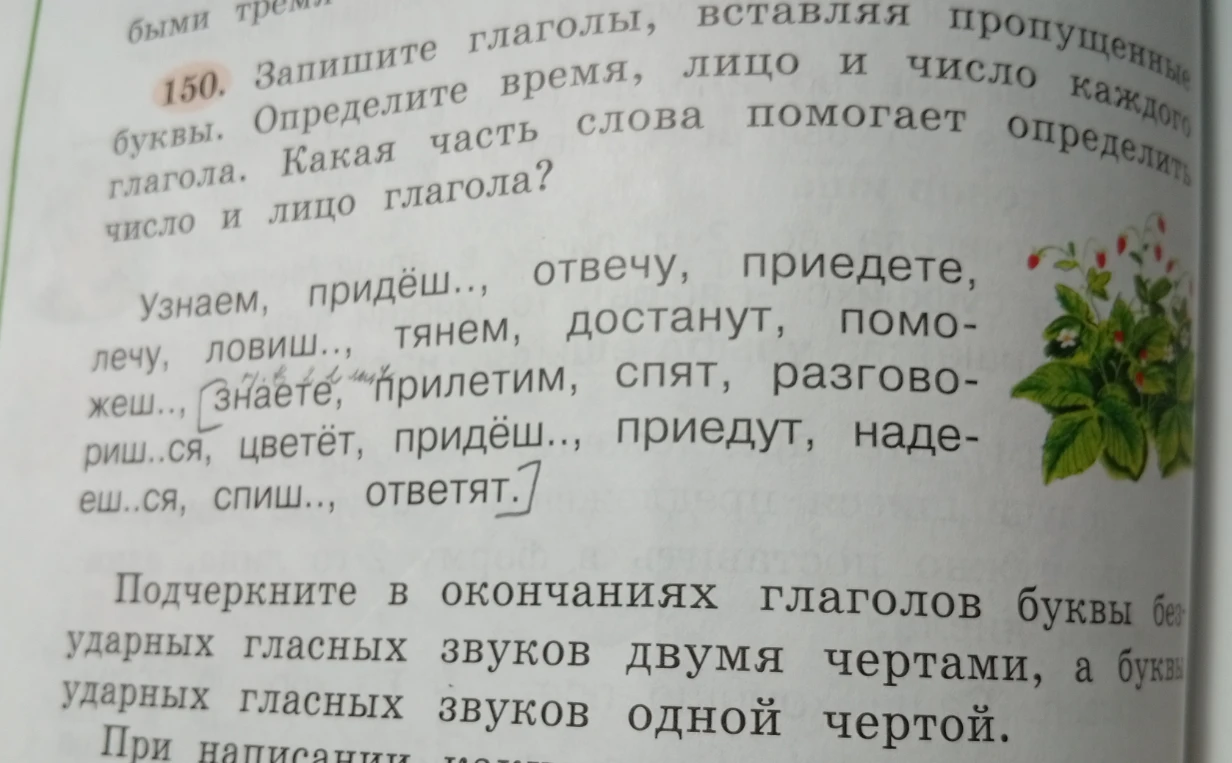 Запишите глаголы, вставляя пропущенные буквы. Определите время, лицо и число каждого глагола. Какая часть слова помогает определить число и лицо глагола?