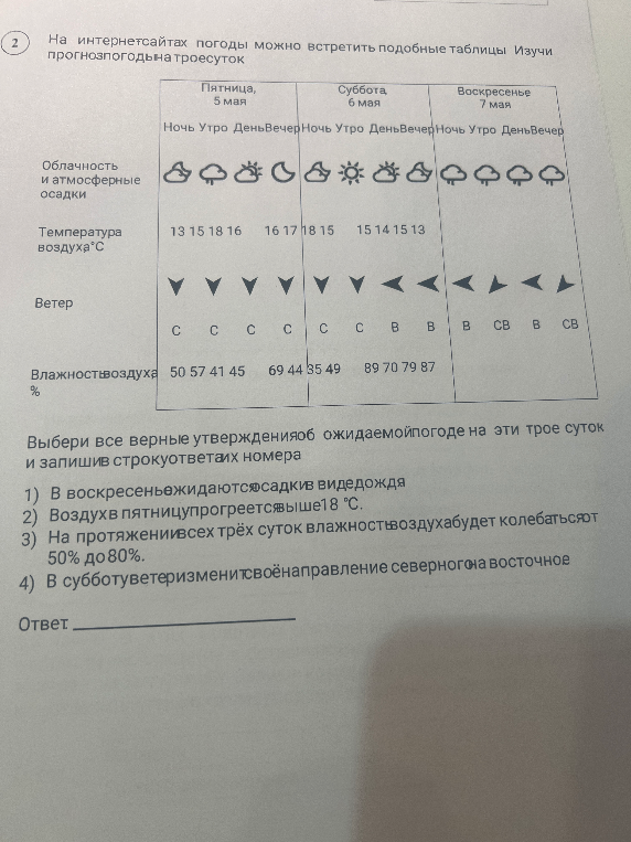 Выбери все верные утверждения об ожидаемой погоде на эти трое суток и запиши в строку ответа их номера