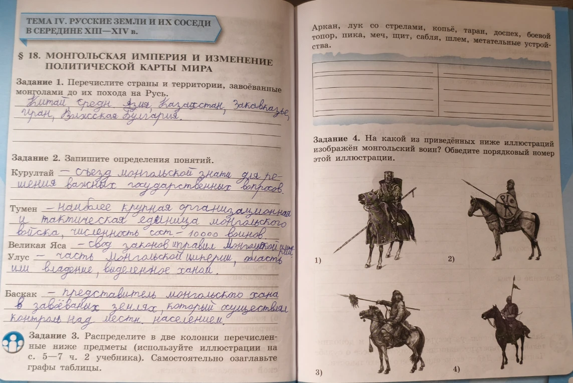Задание 3. Распределите в две колонки перечисленные ниже предметы. Задание 4. На какой из приведённых ниже иллюстраций изображён монгольский воин?
