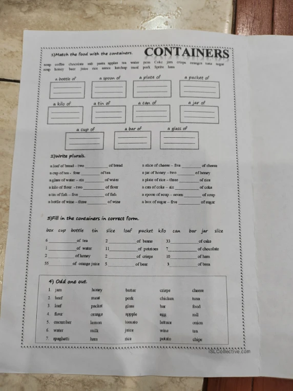 1) Match the food with the containers. 2) Write plurals. 3) Fill in the containers in correct form. 4) Odd one out.