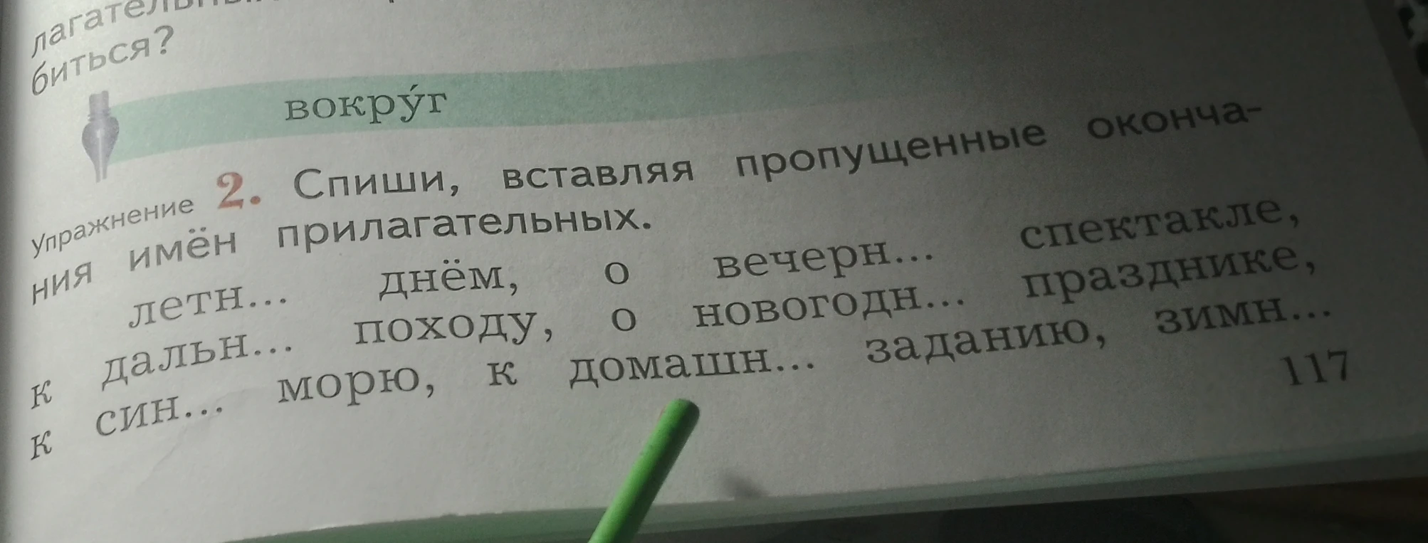 Спиши, вставляя пропущенные окончания имён прилагательных. летн... днём, о вечерн... спектакле, к дальн... походу, о новогодн... празднике, к син... морю, к домашн... заданию, зимн...