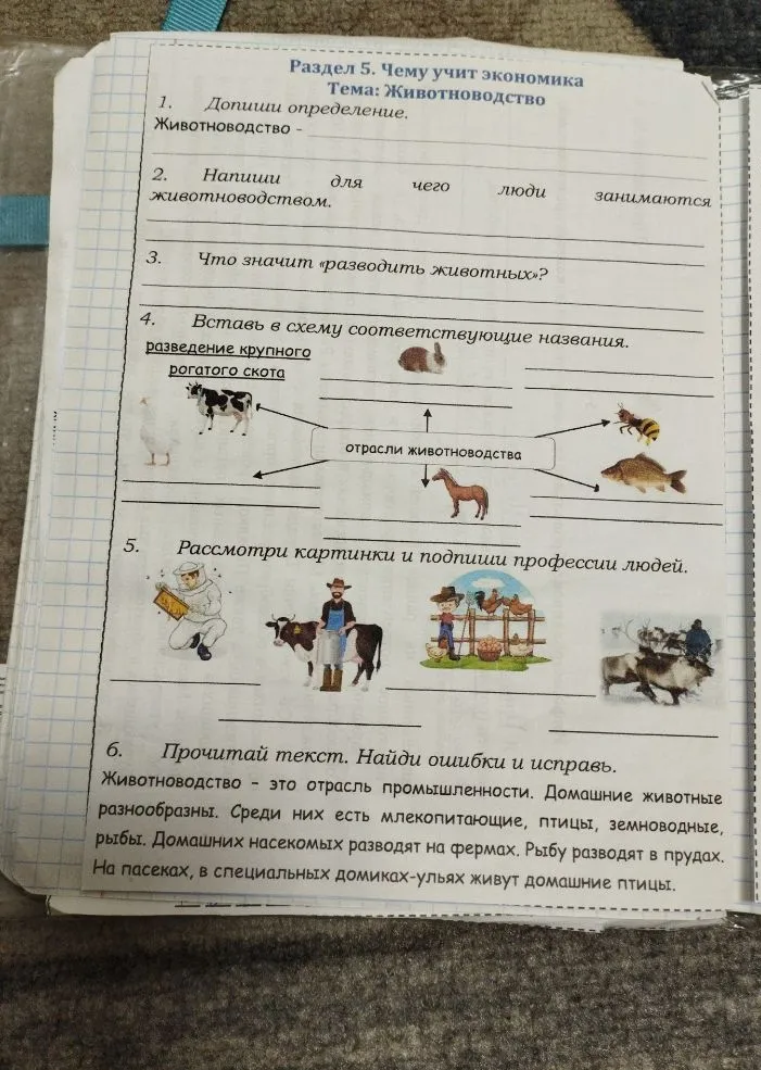 Допиши определение. Животноводство - ... Напиши для чего люди занимаются животноводством. Что значит «разводить животных»? Вставь в схему соответствующие названия. Рассмотри картинки и подпиши профессии людей. Прочитай текст. Найди ошибки и исправь.