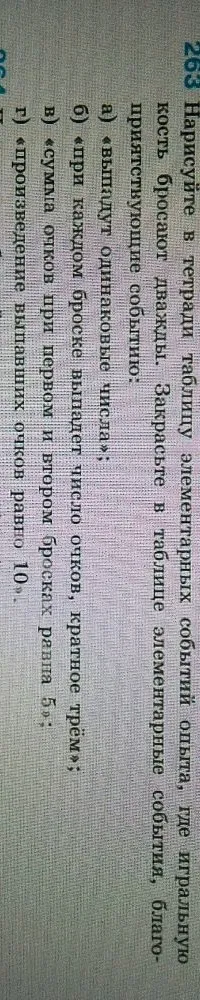 Нарисуйте в тетради таблицу элементарных событий опыта, где игральную кость бросают дважды. Закрасьте в таблице элементарные события, благоприятствующие событию: а) выпадут одинаковые числа; б) при каждом броске выпадет число очков, кратное трем; в) сумма очков при первом и втором бросках равна 5; г) произведение выпавших очков равно 10.