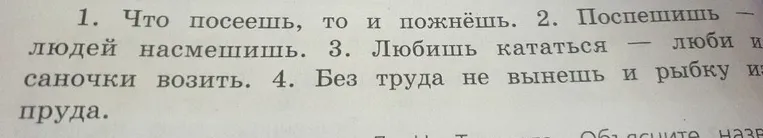 1. Что посеешь, то и пожнёшь. 2. Поспешишь — людей насмешишь. 3. Любишь кататься — люби и саночки возить. 4. Без труда не вынешь и рыбку из пруда.