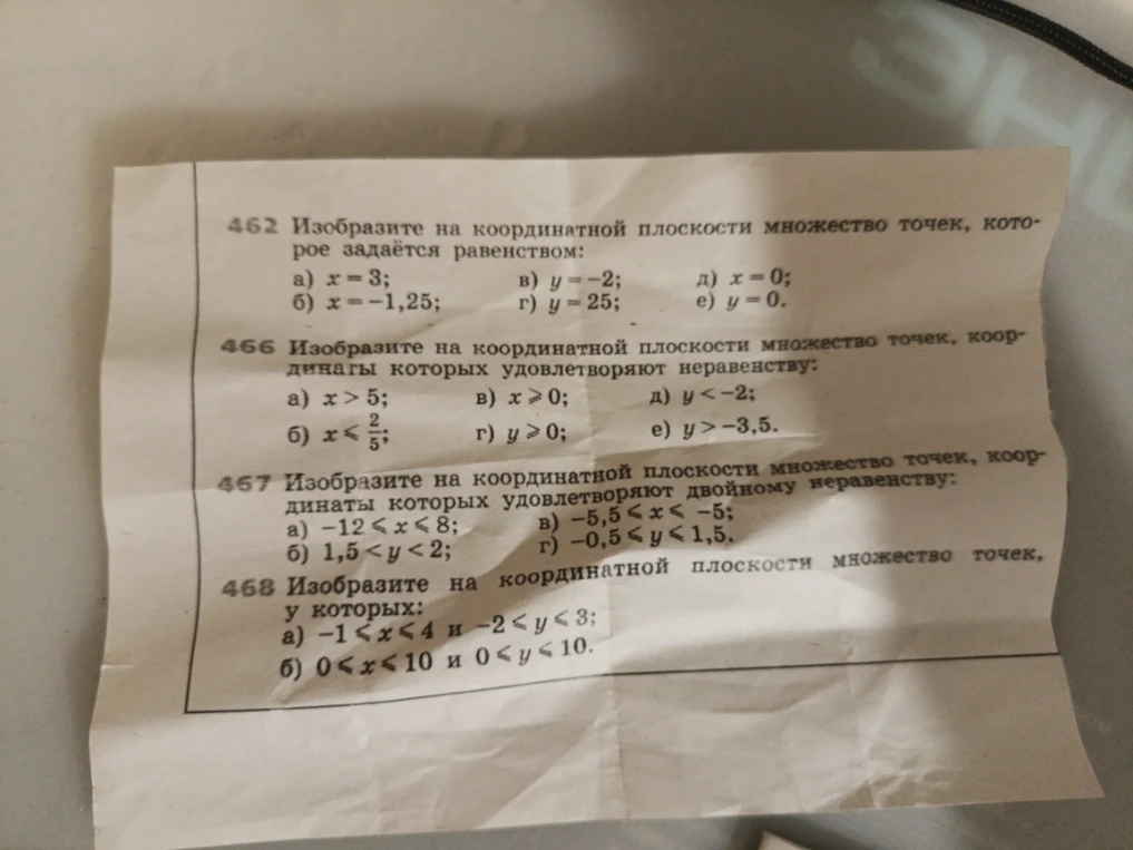 462 Изобразите на координатной плоскости множество точек, которое задается равенством: а) x=3; б) x=-1,25; в) y=-2; г) y=25; д) x=0; е) y=0.