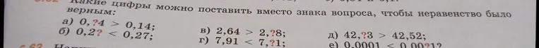 Какие цифры можно поставить вместо знака вопроса, чтобы неравенство было верным: а) 0,?4 > 0,14; б) 0,2? < 0,27; в) 2,64 > 2,?8; г) 7,91 < 7,?1; д) 42,?3 > 42,52; е) 0,0001 < 0,00?1?
