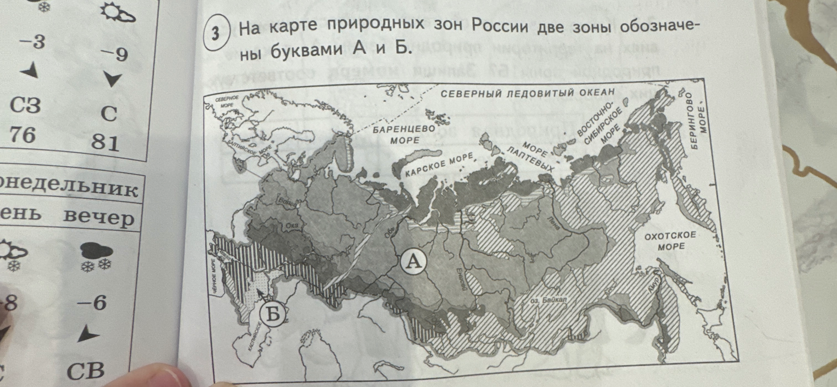 На карте природных зон России две зоны обозначены буквами А и Б. Определите их.