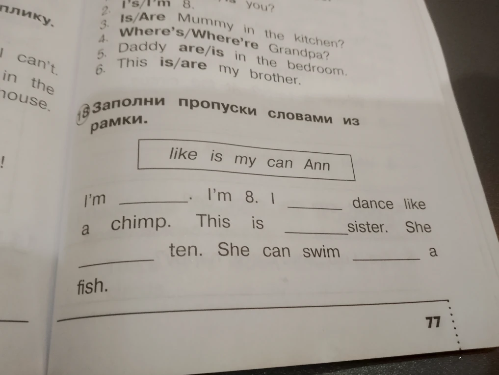 Заполни пропуски словами из рамки: like, is, my, can, Ann.