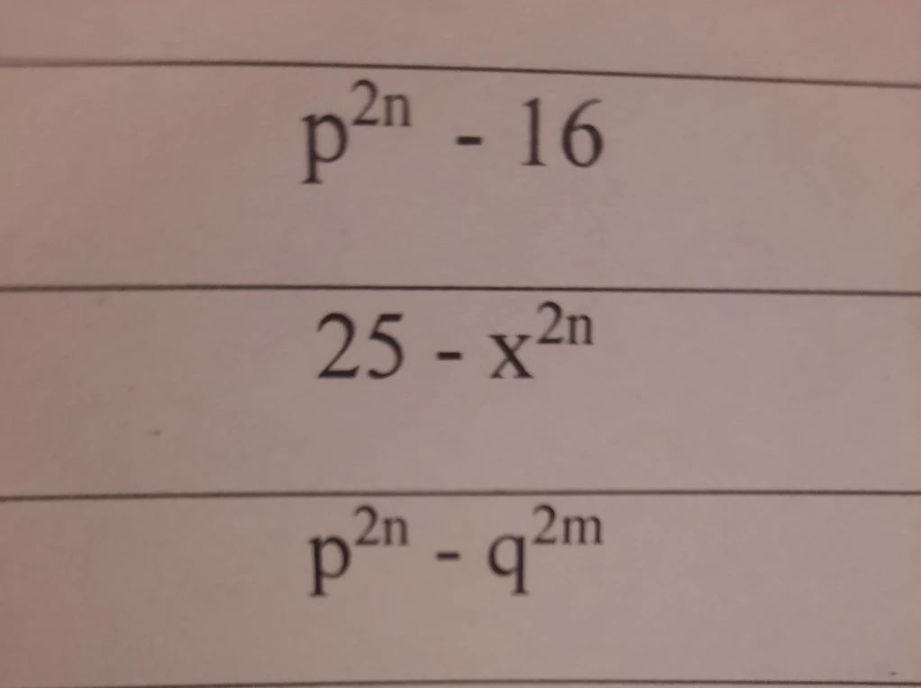 Разложите разности квадратов на множители: p^{2n} - 16, 25 - x^{2n}, p^{2n} - q^{2m}