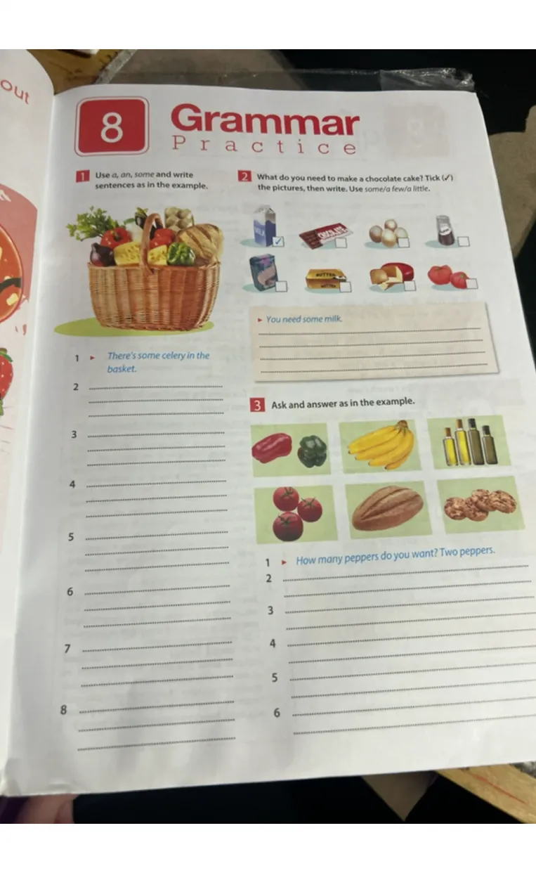 Use a, an, some and write sentences as in the example.